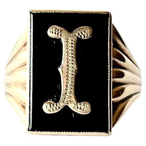 Art Deco Onyx and 9 Carat Gold Initial Ring For Sale