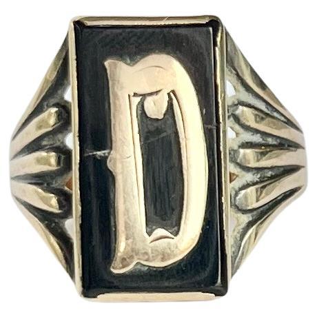 Art Deco Onyx and 9 Carat Gold Initial Ring