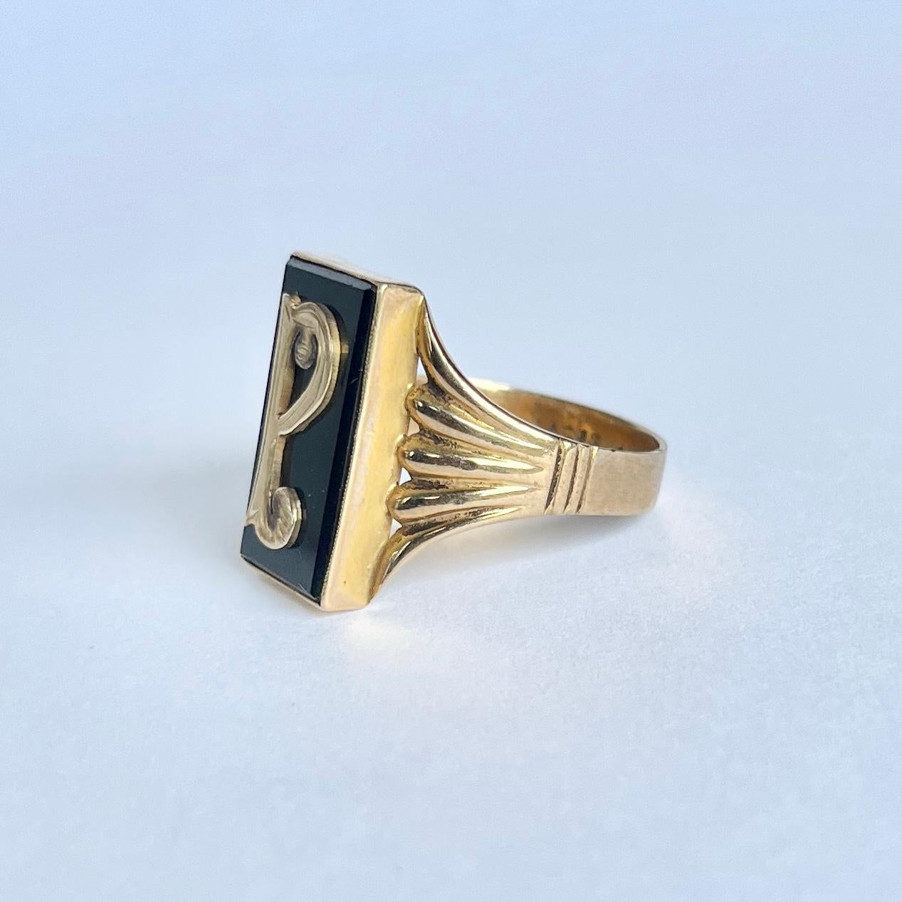 Cabochon Art Deco Onyx and 9 Carat Gold 'P' Initial Ring For Sale