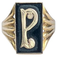 Vintage Art Deco Onyx and 9 Carat Gold 'P' Initial Ring