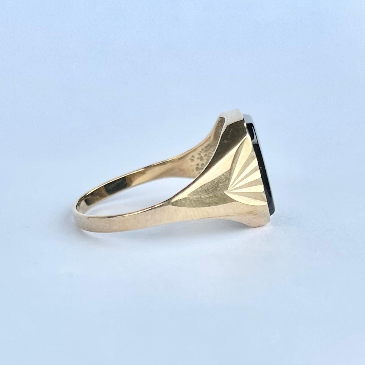 Square Cut Art Deco Onyx and 9 Carat Gold Signet Ring For Sale