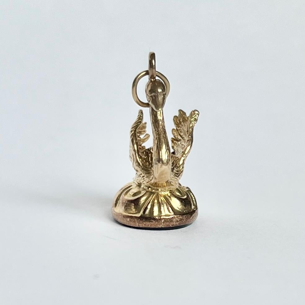 Women's or Men's Art Deco Onyx and 9 Carat Gold Swan Fob Pendant For Sale