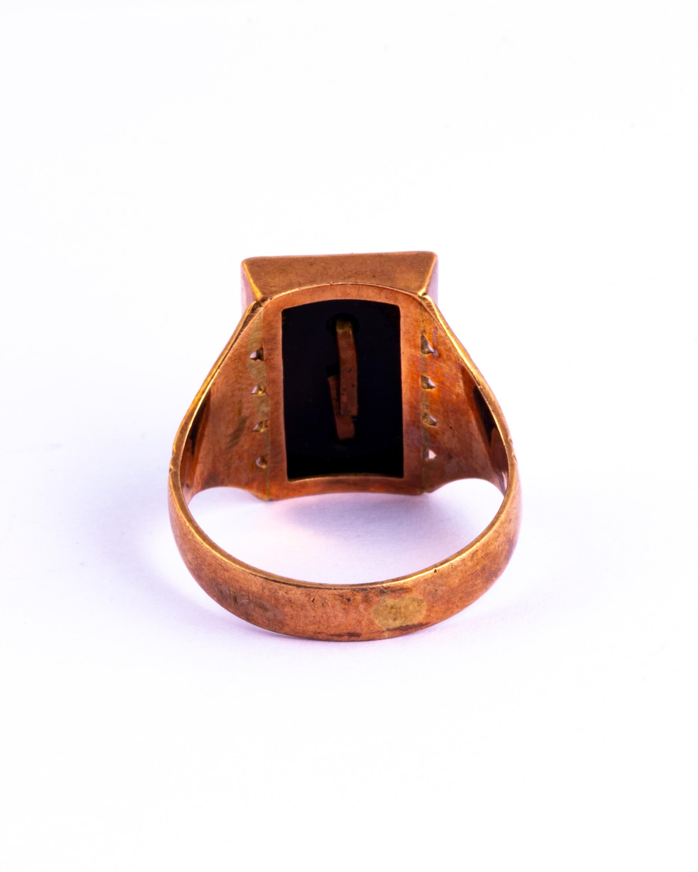 Art Deco Onyx and 9 Carat Rose Gold Initial Ring In Good Condition In Chipping Campden, GB