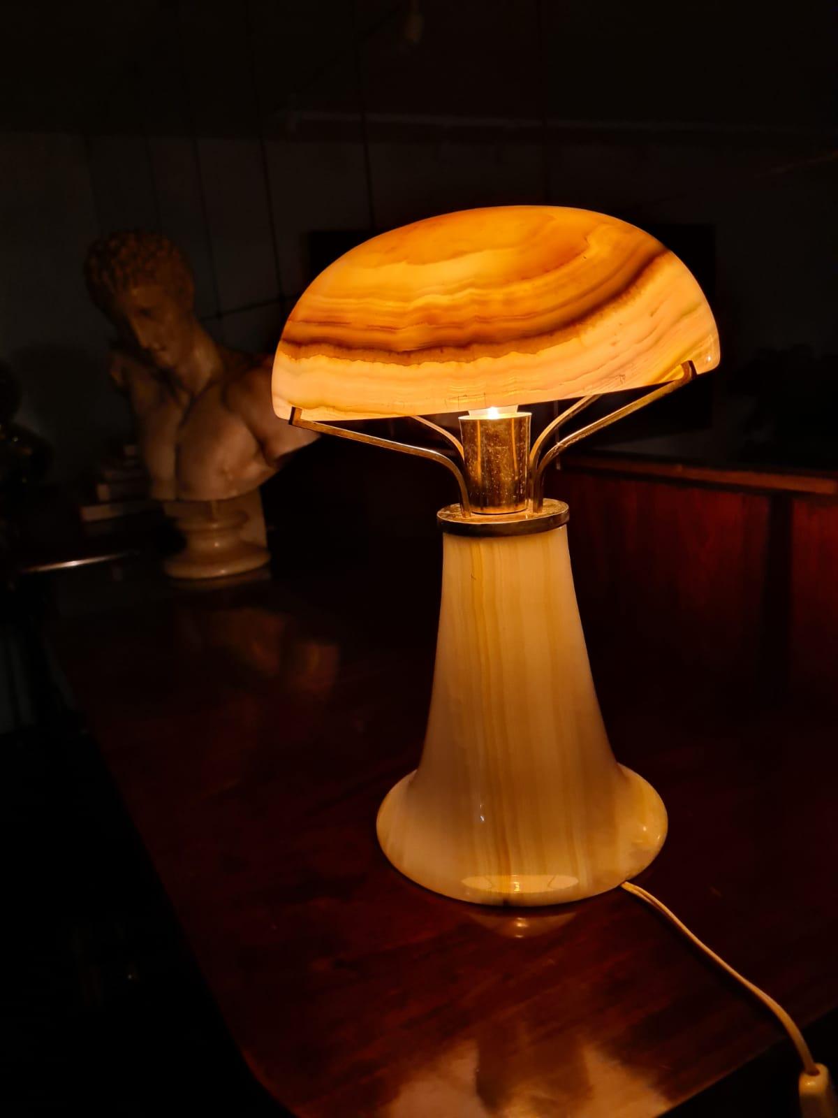 Art Deco Onyx and Brass Table Lamp, Soft Stone Light  For Sale 9