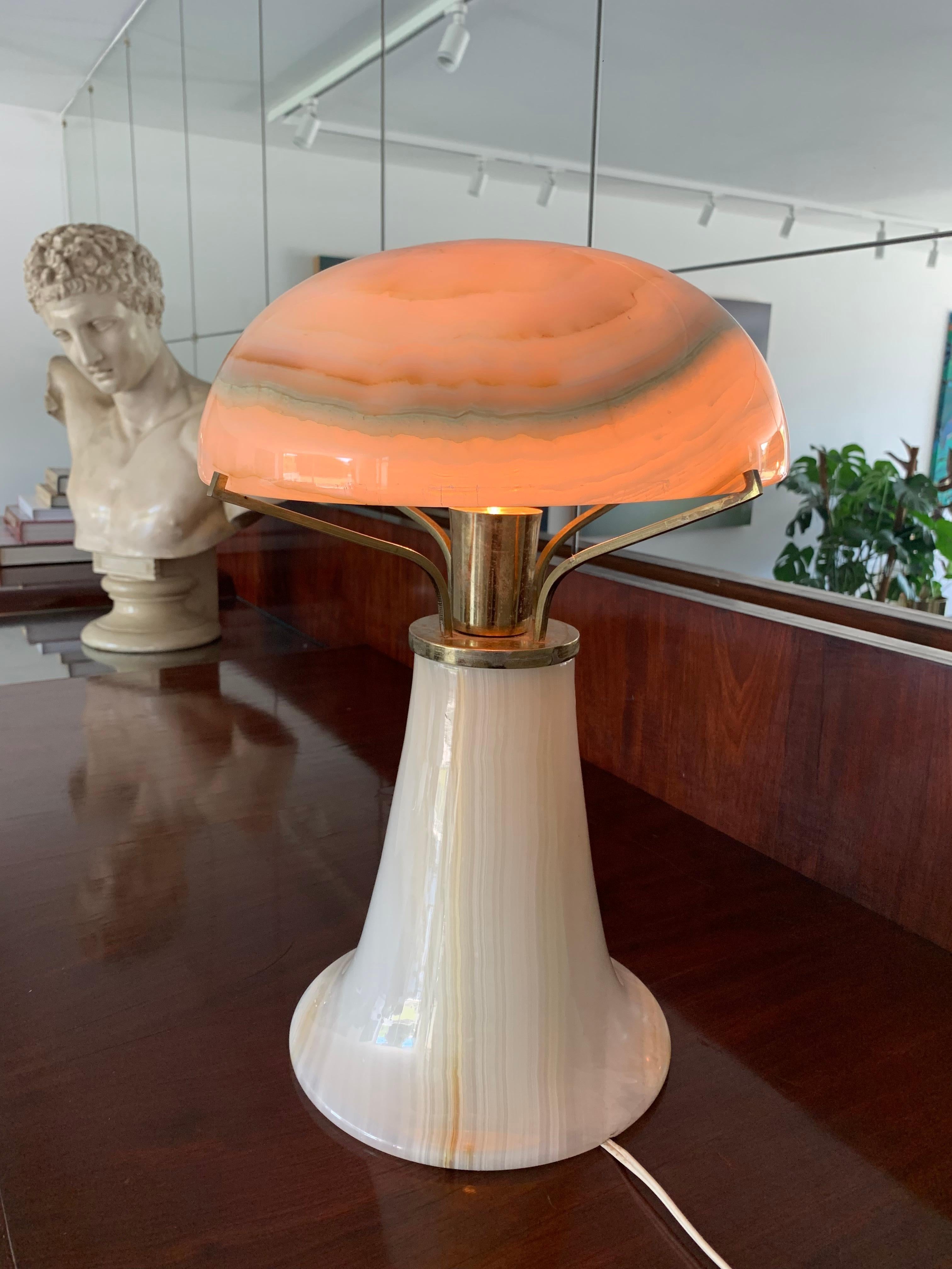 German Art Deco Onyx and Brass Table Lamp, Soft Stone Light  For Sale