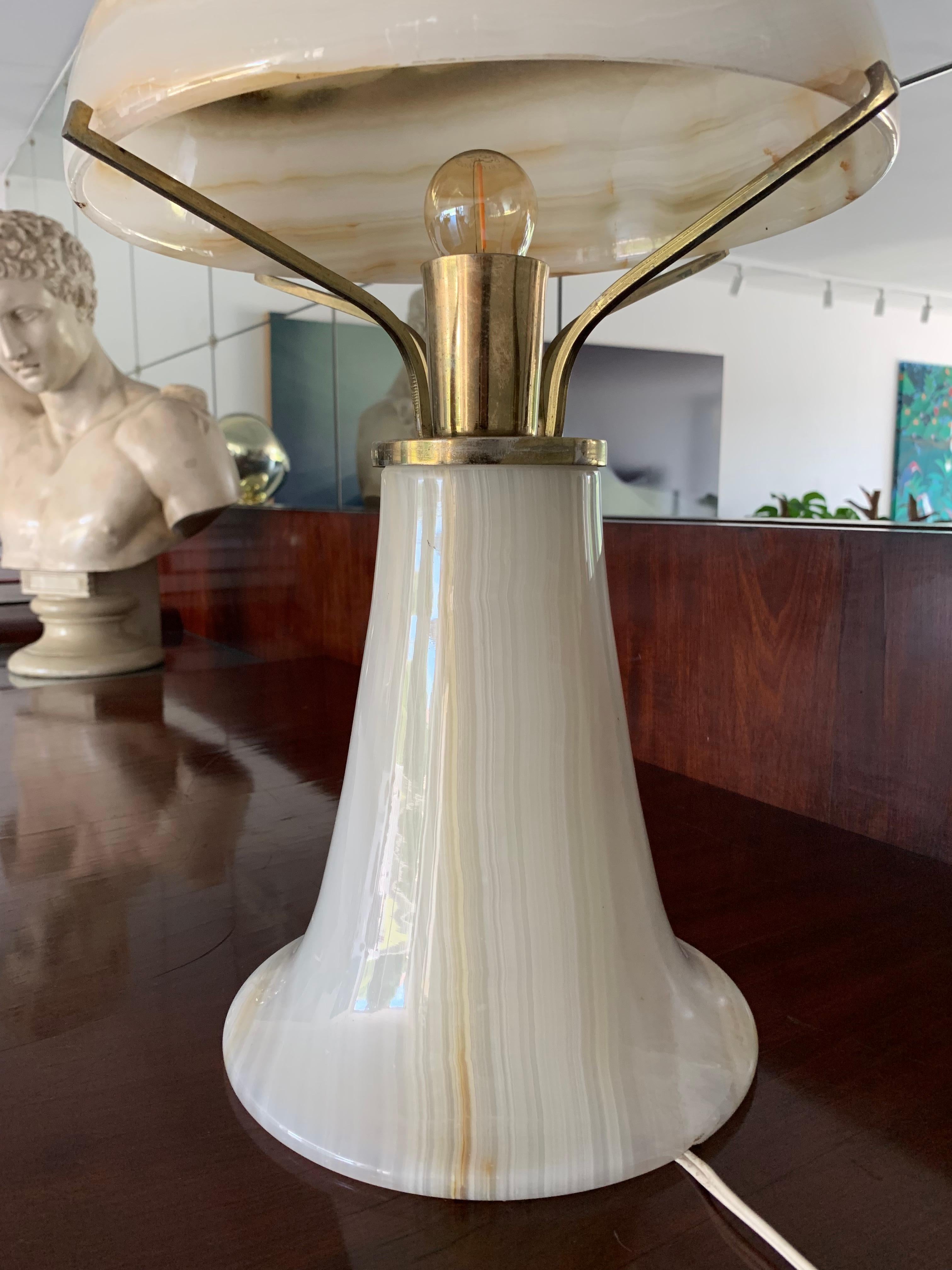 Art Deco Onyx and Brass Table Lamp, Soft Stone Light  For Sale 1