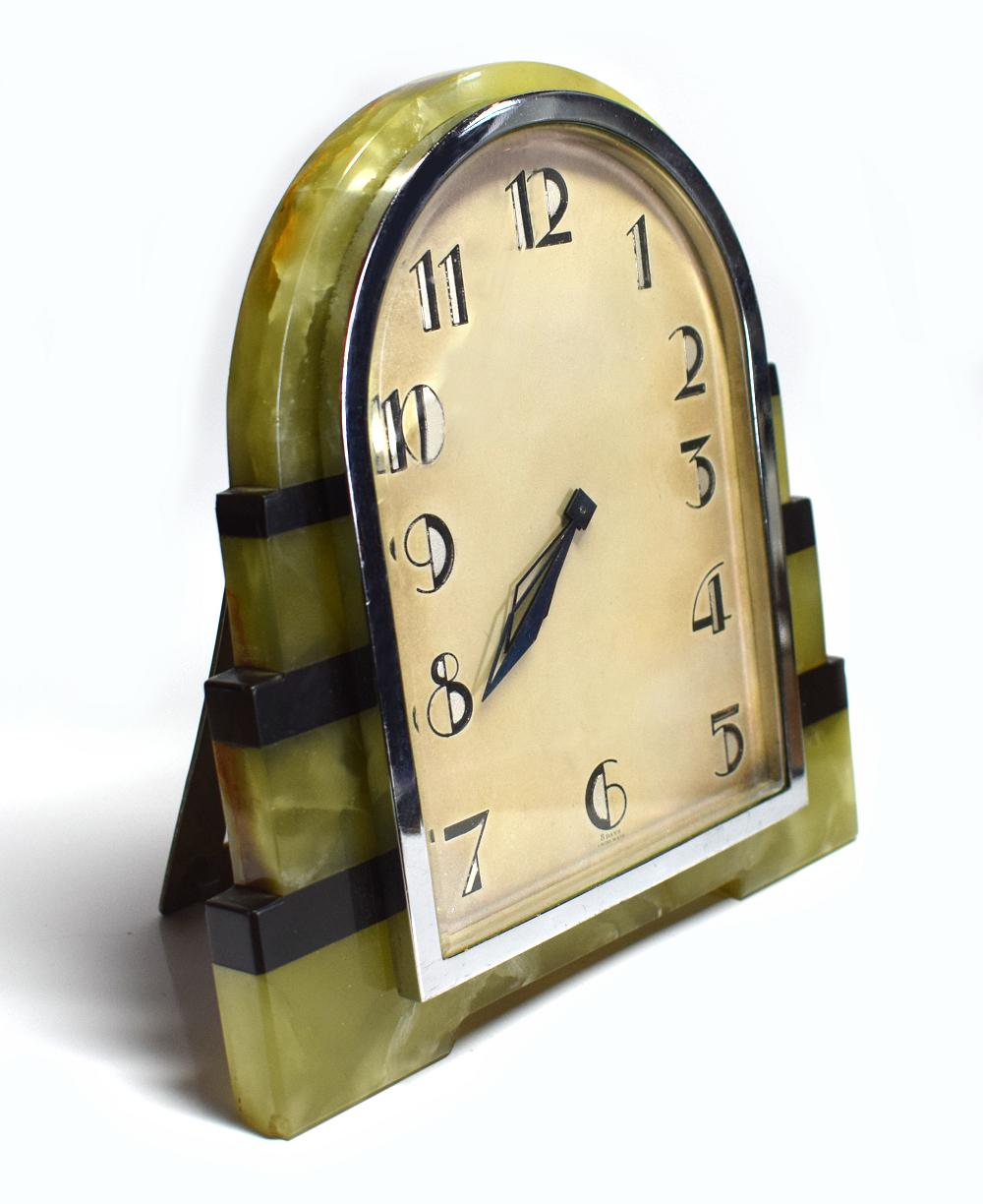European Art Deco Onyx and Chrome 8 Day Clock