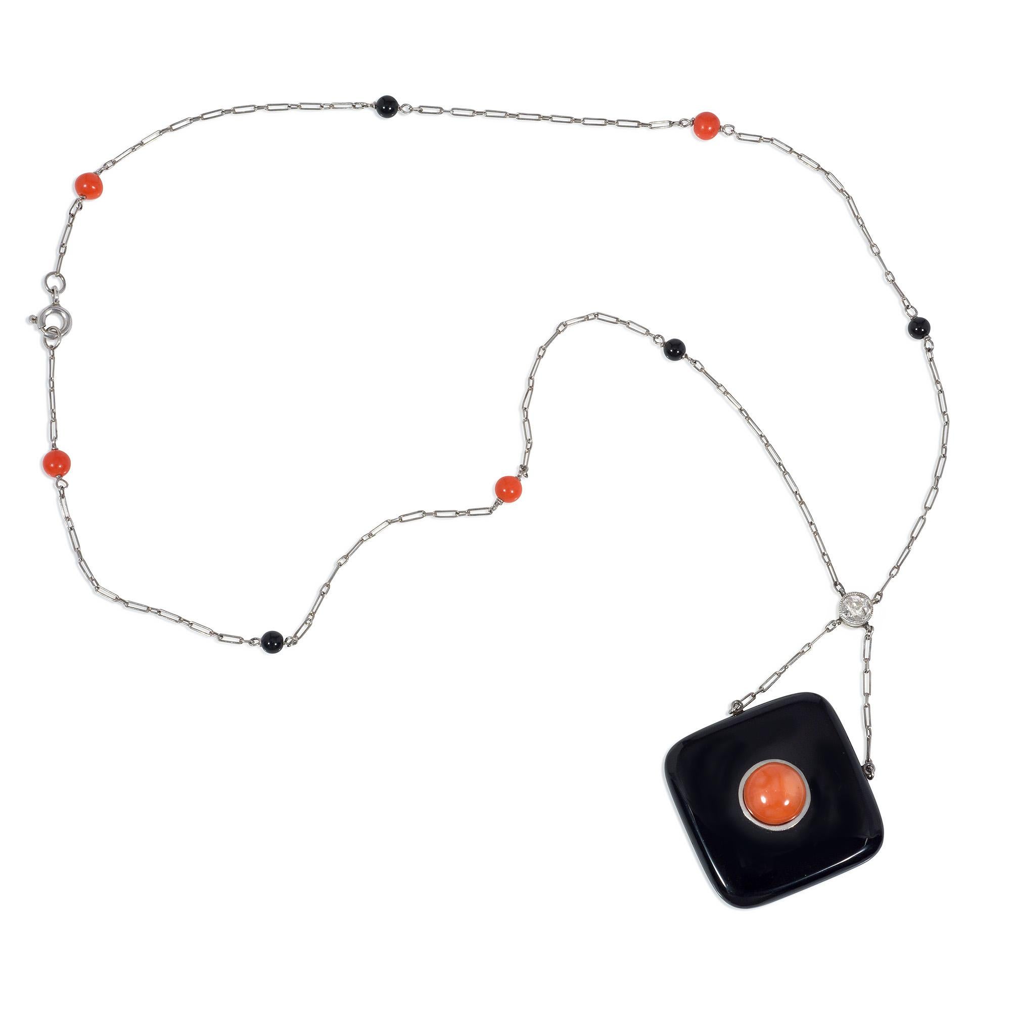 Cabochon Art Deco Onyx and Coral Necklace with Diamond Accent in Platinum and Gold For Sale
