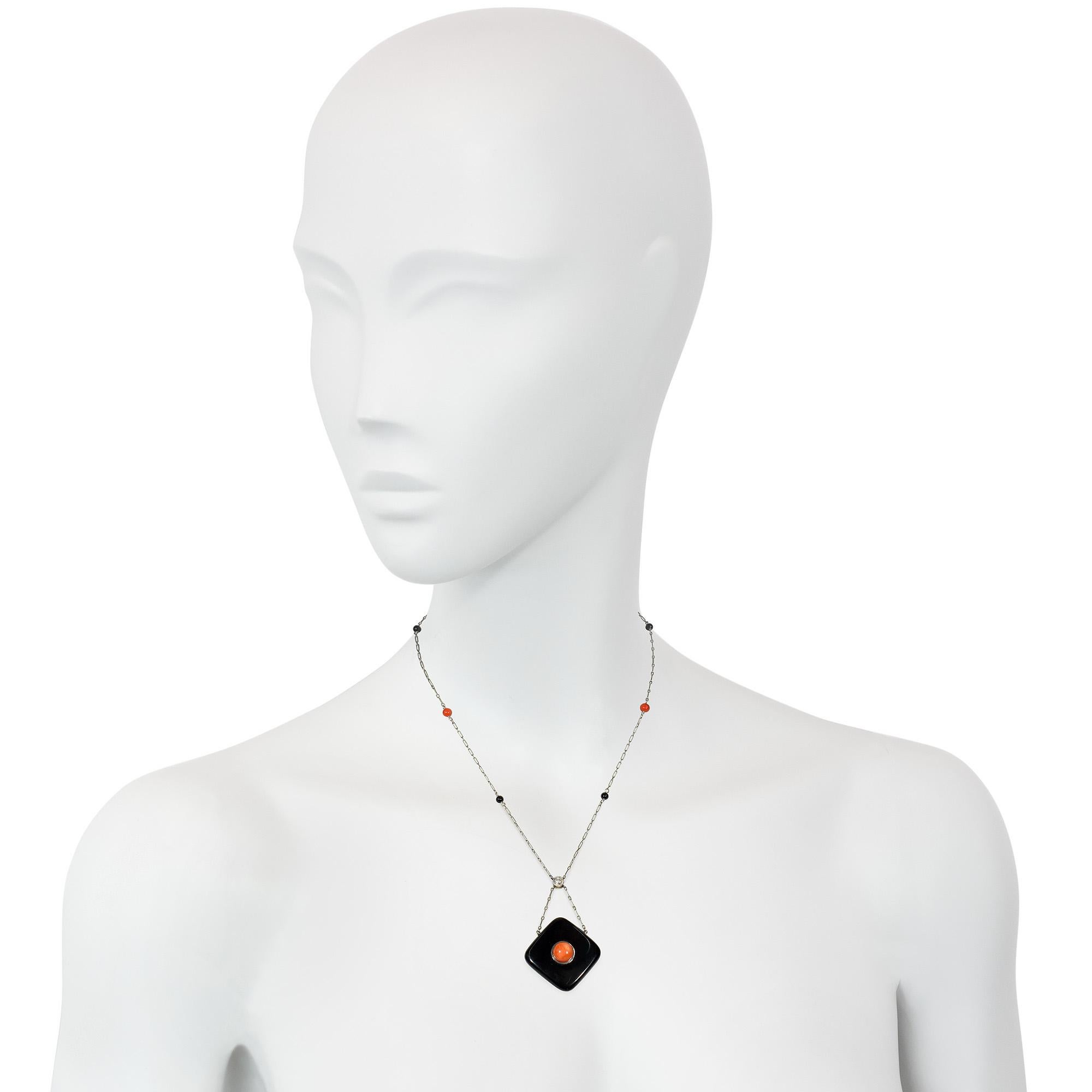 Women's or Men's Art Deco Onyx and Coral Necklace with Diamond Accent in Platinum and Gold For Sale