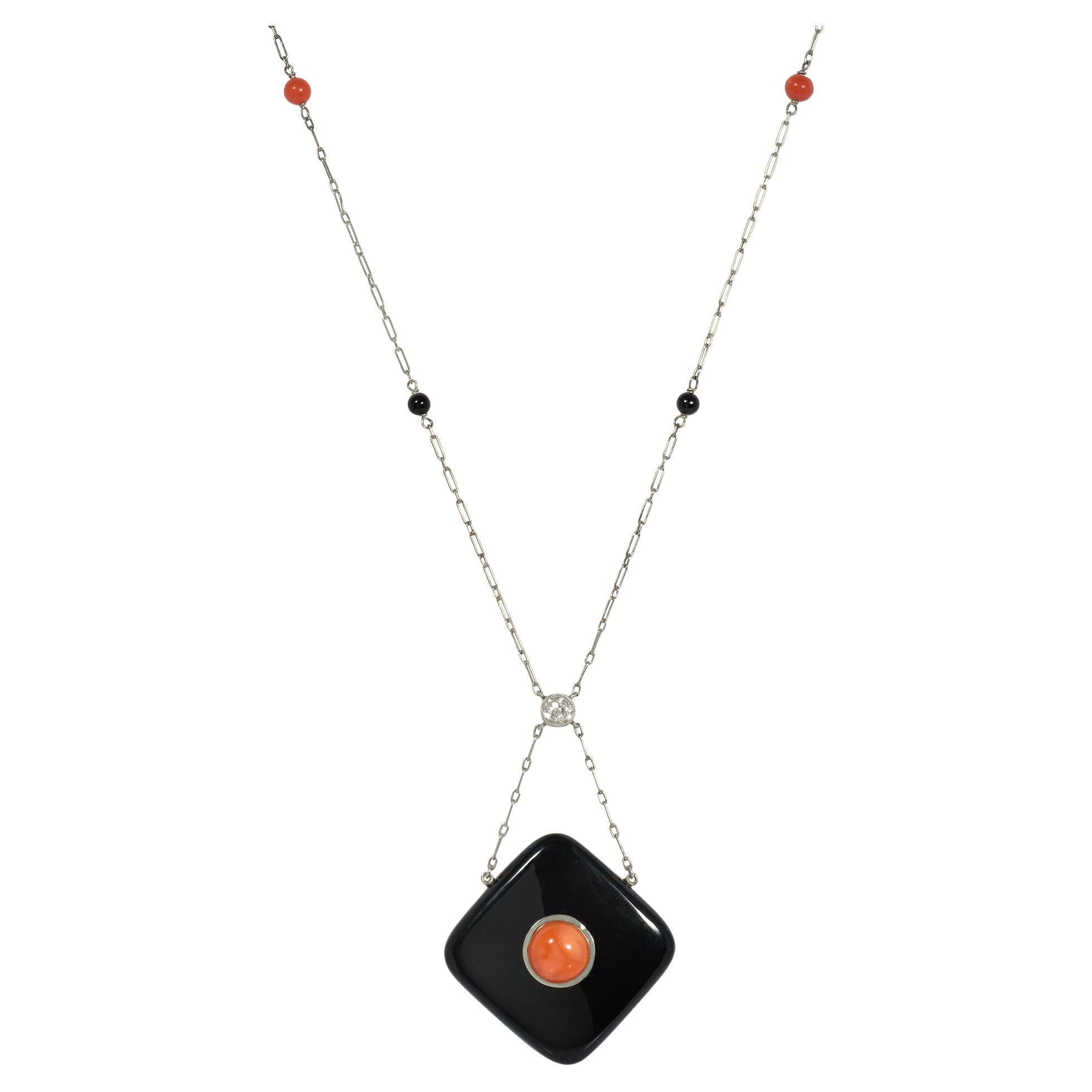Art Deco Onyx and Coral Necklace with Diamond Accent in Platinum and Gold For Sale