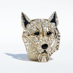Art Deco Onyx and Diamond 18 Carat Gold and Platinum Wolf Brooch