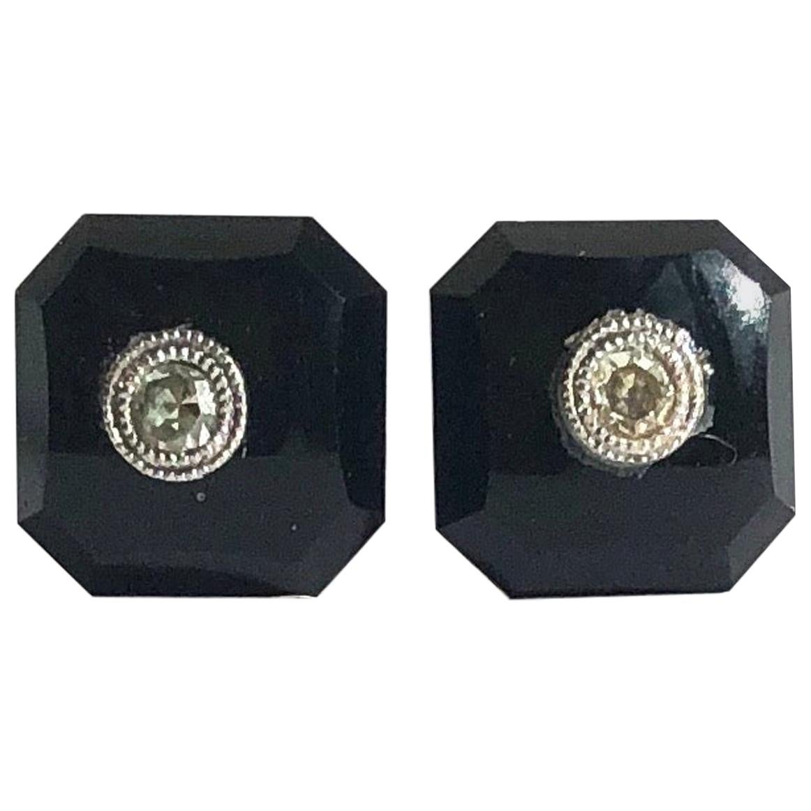 Art Deco Onyx and Diamond 9 Carat Gold Stud Earrings