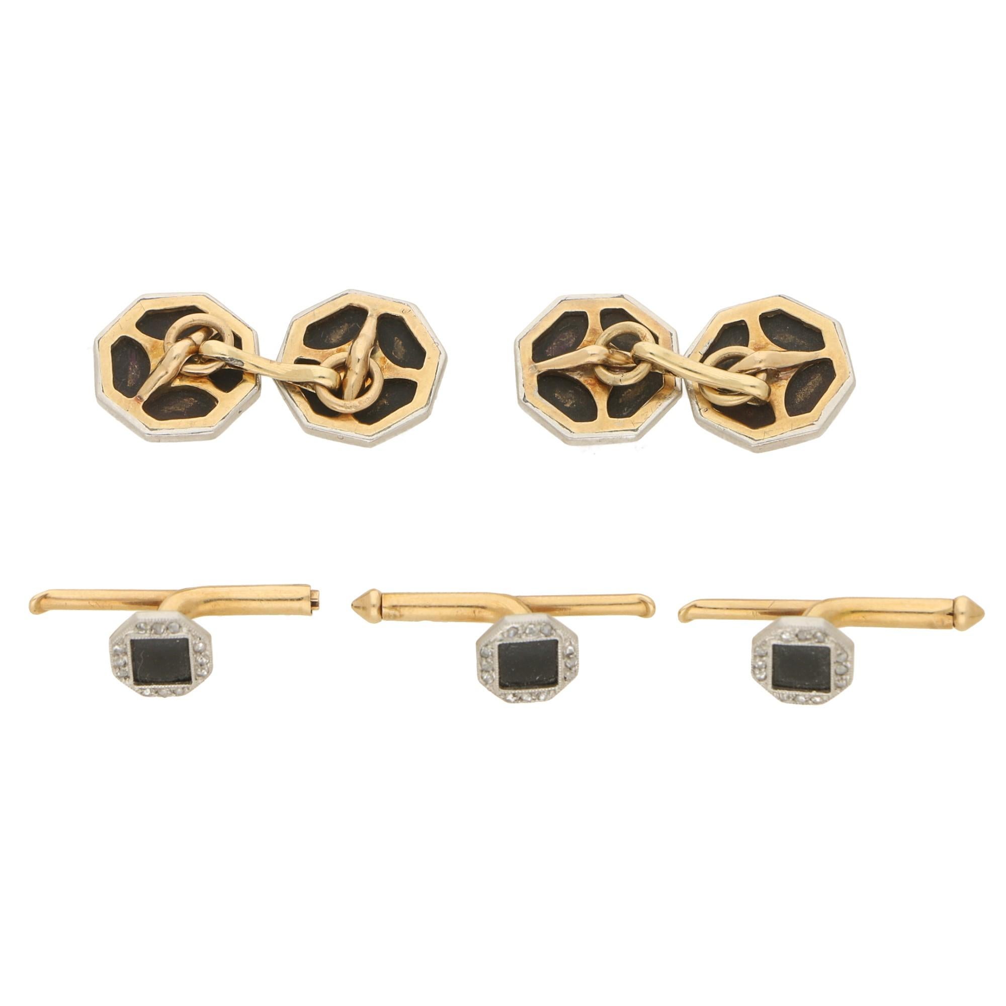 A lovely 1920’s onyx and diamond cufflink and shirt stud dress set in gold and platinum. 

The set is composed of a single pair of cufflinks and three shirt studs all of which having the same design. Each face is formed of a perfect square of onyx