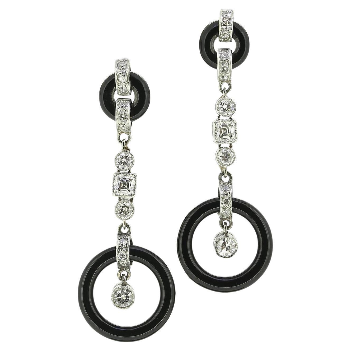 Art Deco Onyx and Diamond Drop Earrings