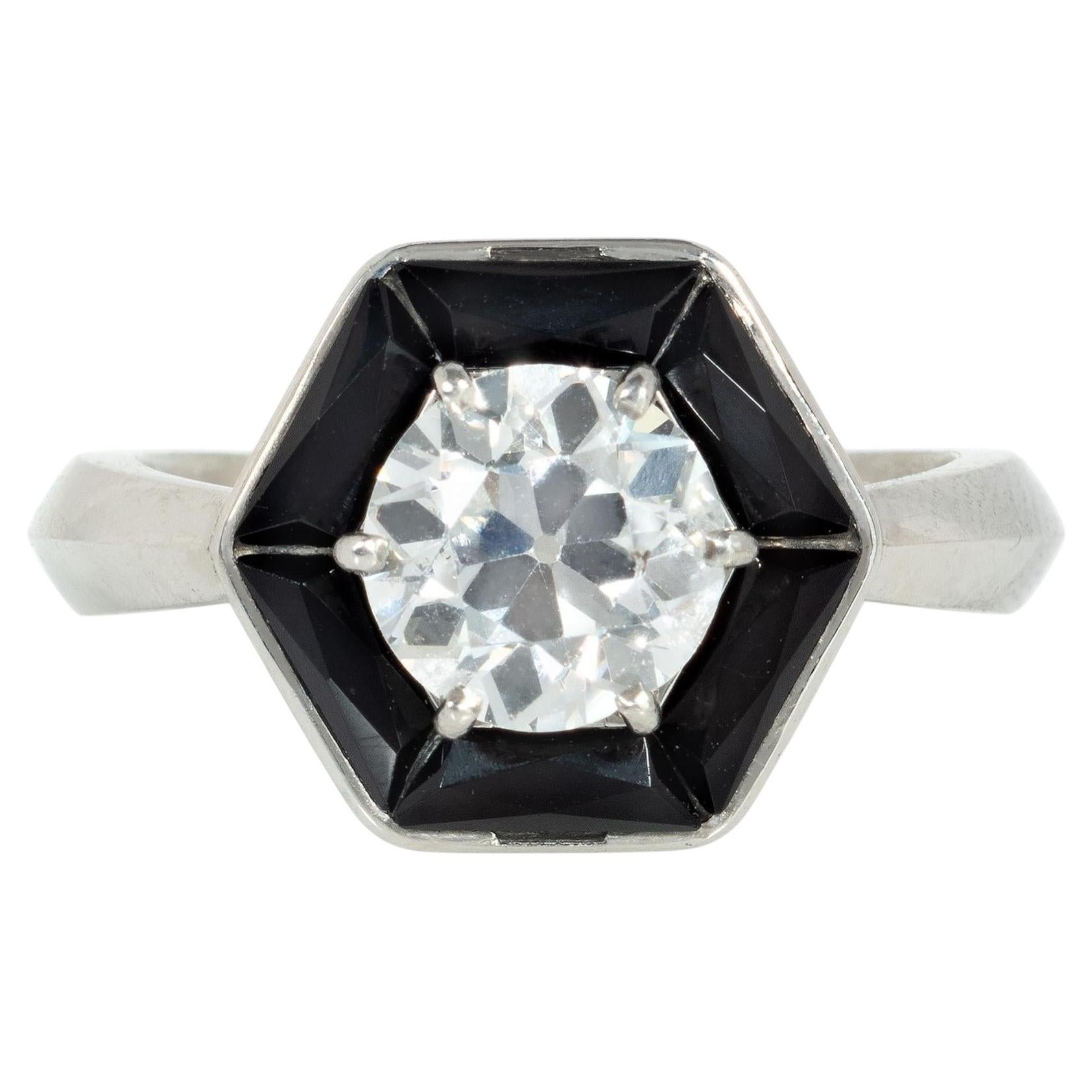 Art Deco onyx and diamond hexagonal ring For Sale