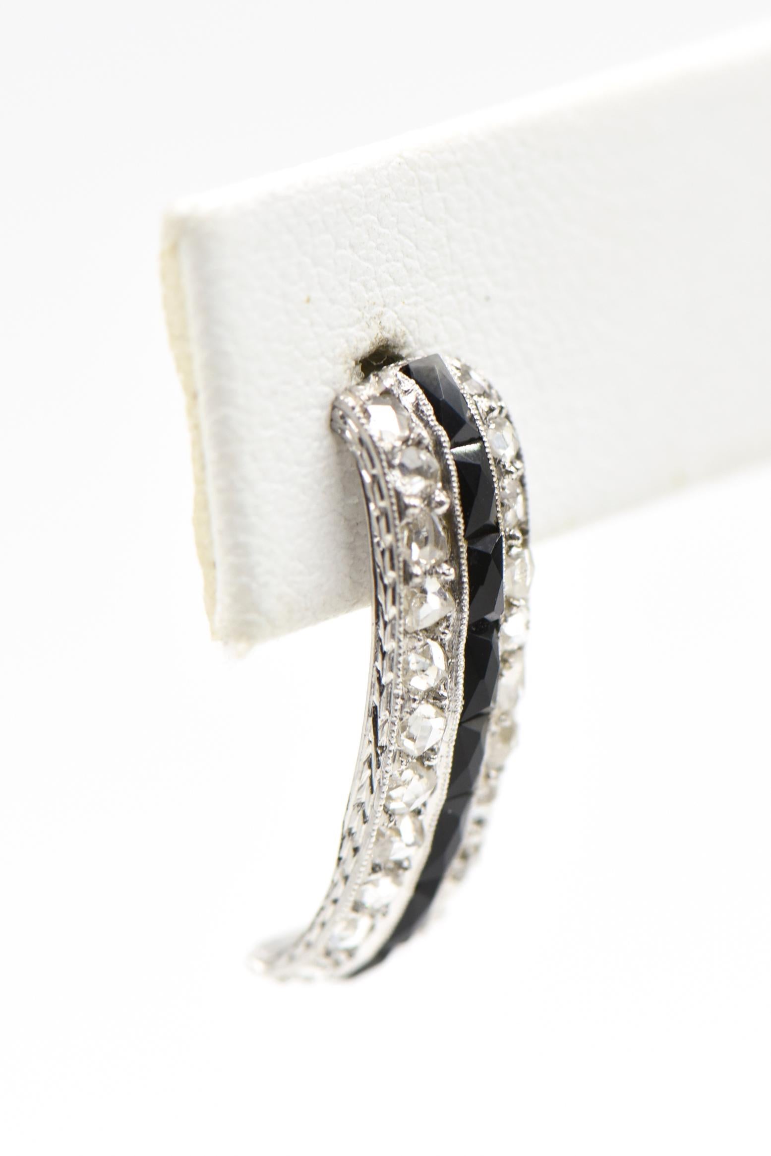 Art Deco Onyx and Diamond Platinum Hoop Earrings In Good Condition In Miami Beach, FL