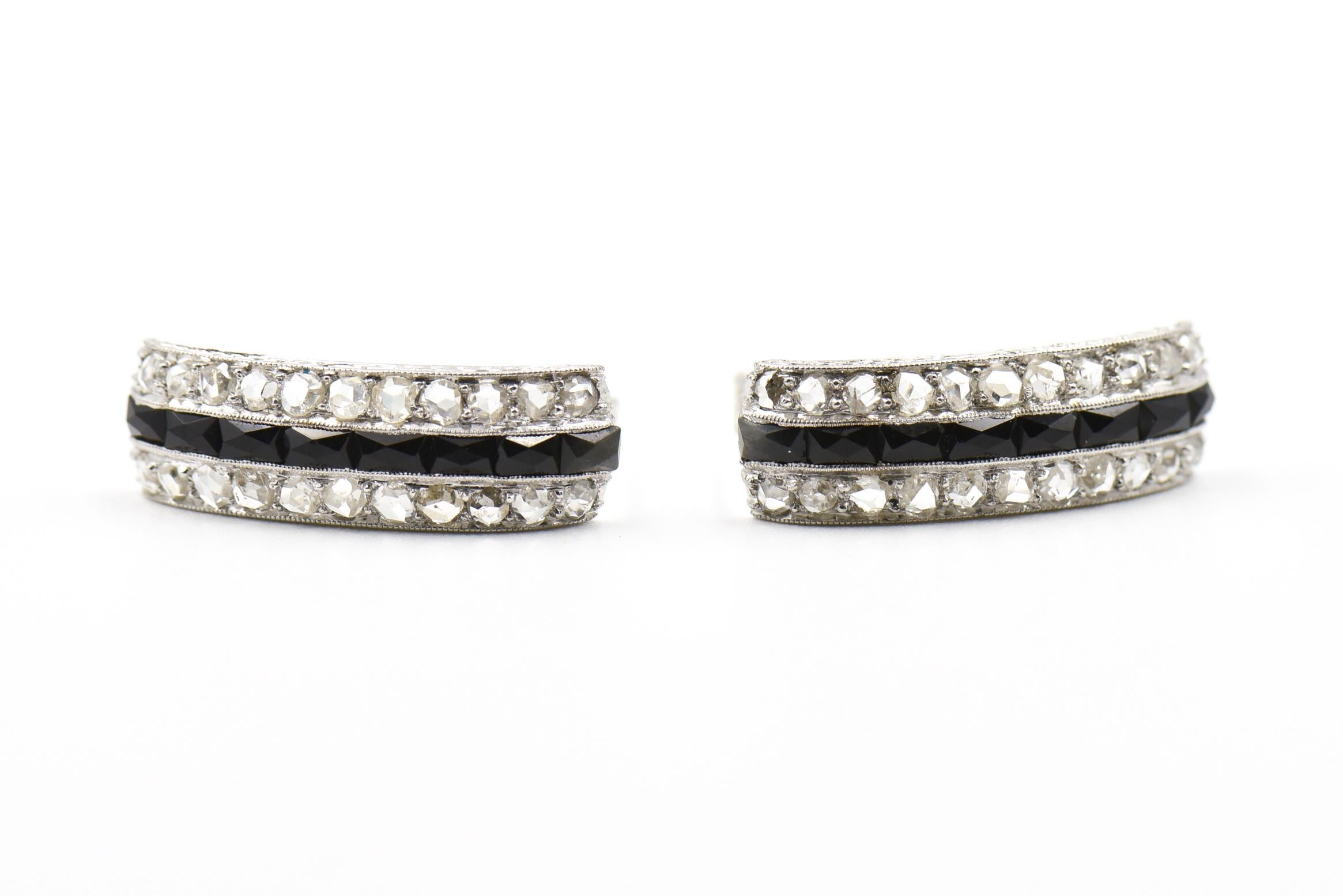 Women's Art Deco Onyx and Diamond Platinum Hoop Earrings