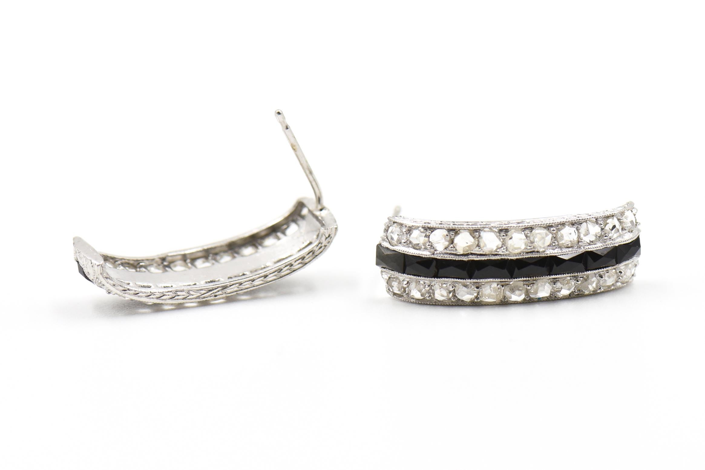 Art Deco Onyx and Diamond Platinum Hoop Earrings 2