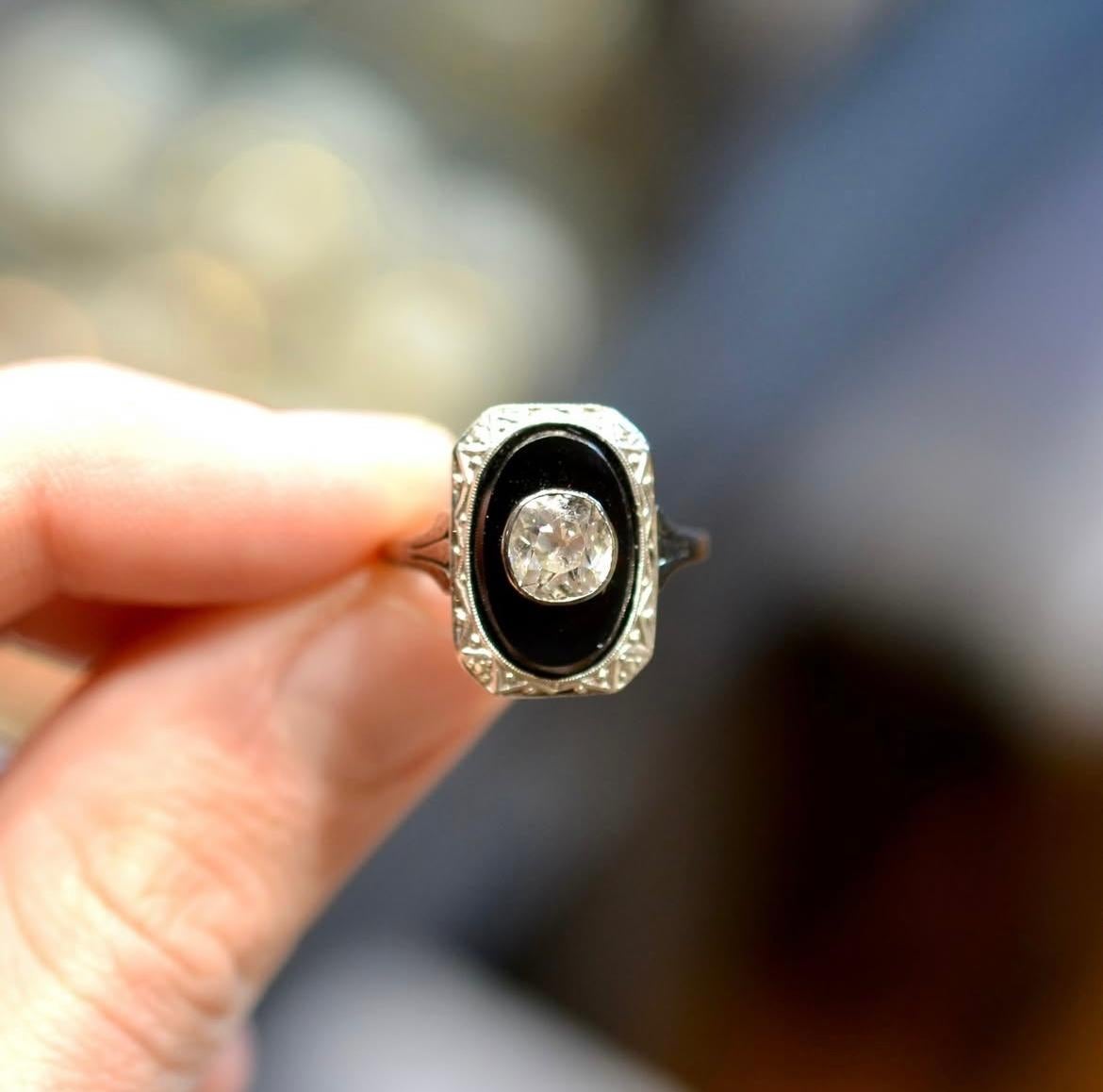 Women's or Men's Art Deco Onyx And Old Cut Diamond Ring c.1920 For Sale