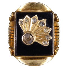 Art Deco Onyx and Rose Cut Diamond Chunky Signet Ring in 14ct Yellow Gold