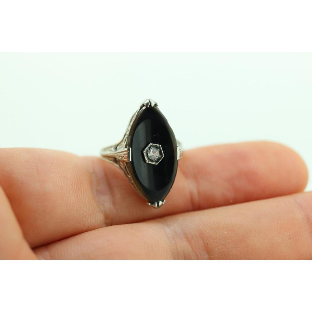 Women's Art Deco Onyx and Sapphire Ring. 14k Filigree White Gold Marquise Onyx and White For Sale