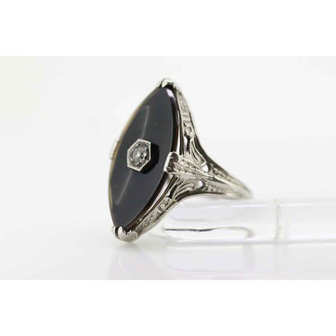 Art Deco Onyx and Sapphire Ring. 14k Filigree White Gold Marquise Onyx and White For Sale 1