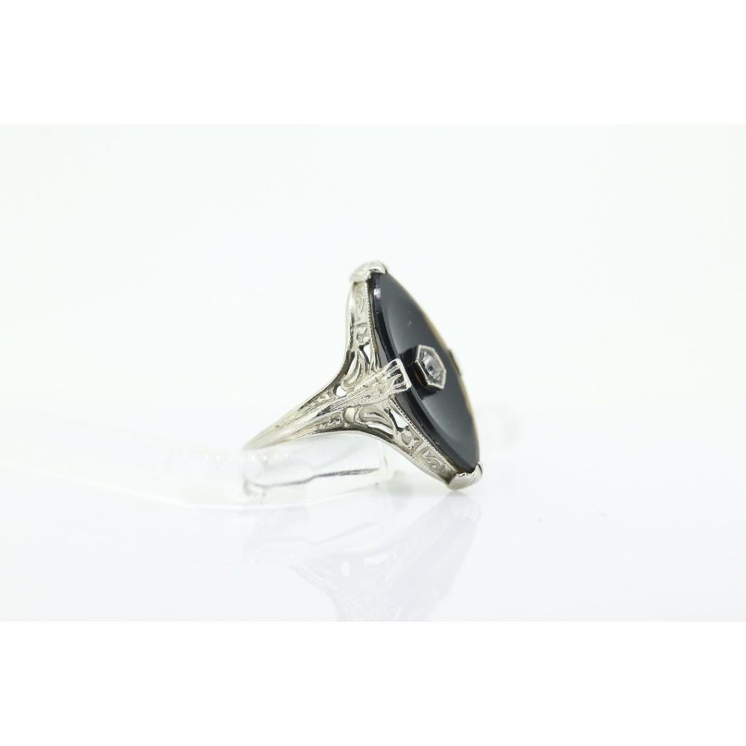 Art Deco Onyx and Sapphire Ring. 14k Filigree White Gold Marquise Onyx and White For Sale 2