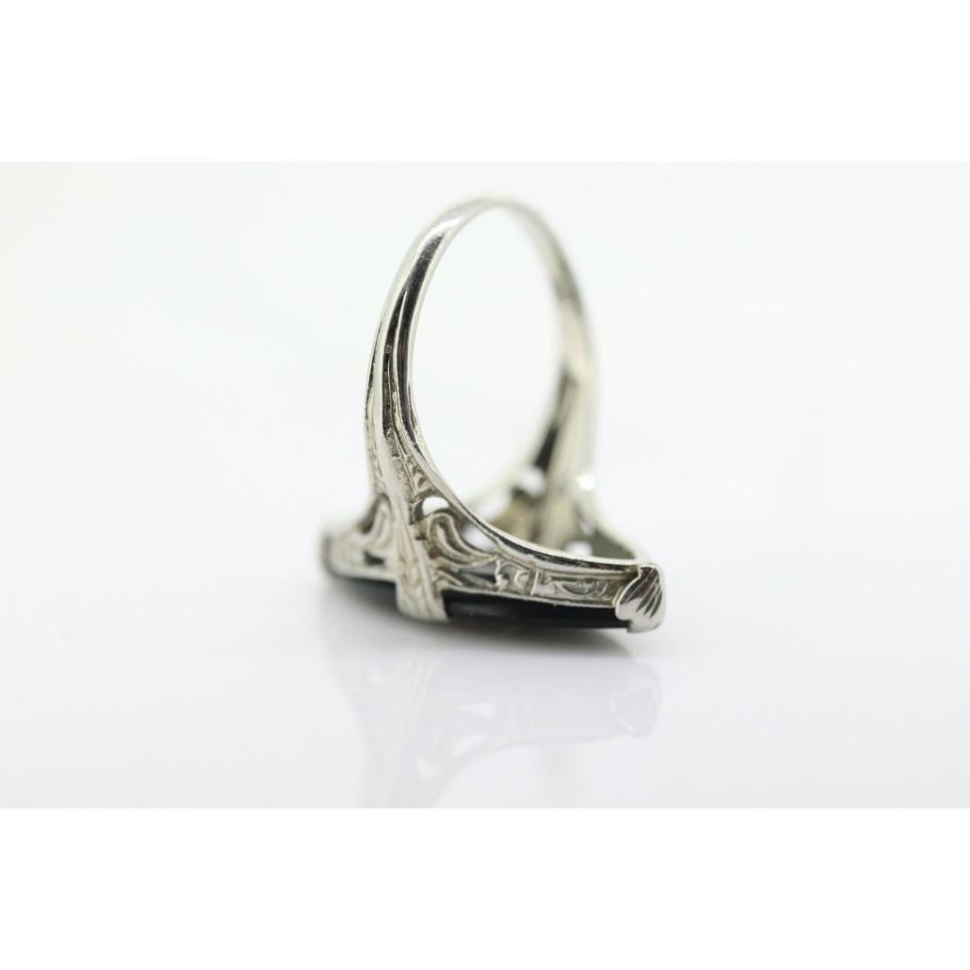 Art Deco Onyx and Sapphire Ring. 14k Filigree White Gold Marquise Onyx and White For Sale 3