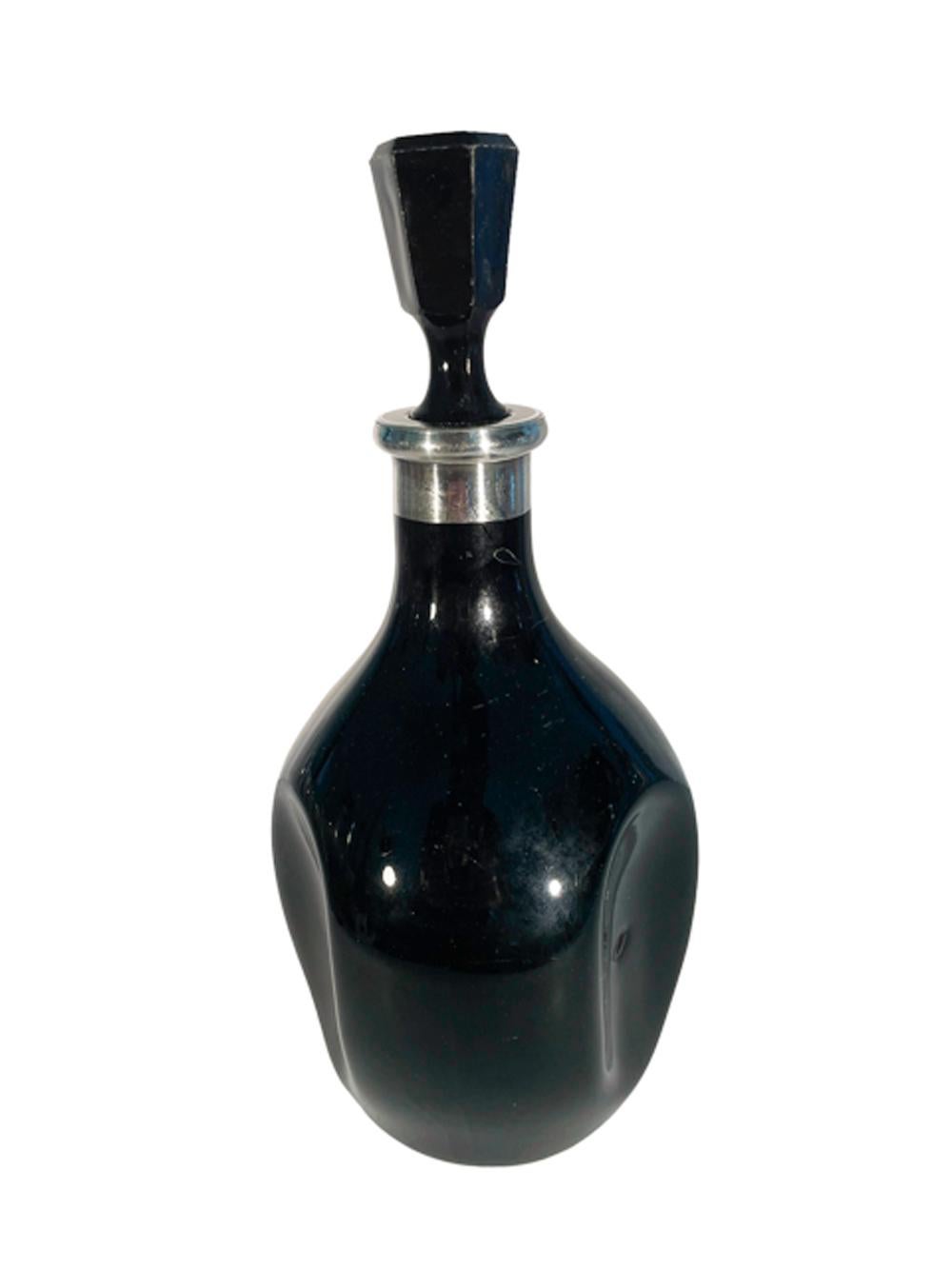 Art Deco silver overlay onyx black glass decanter with three dimpled sides, silver overlay 