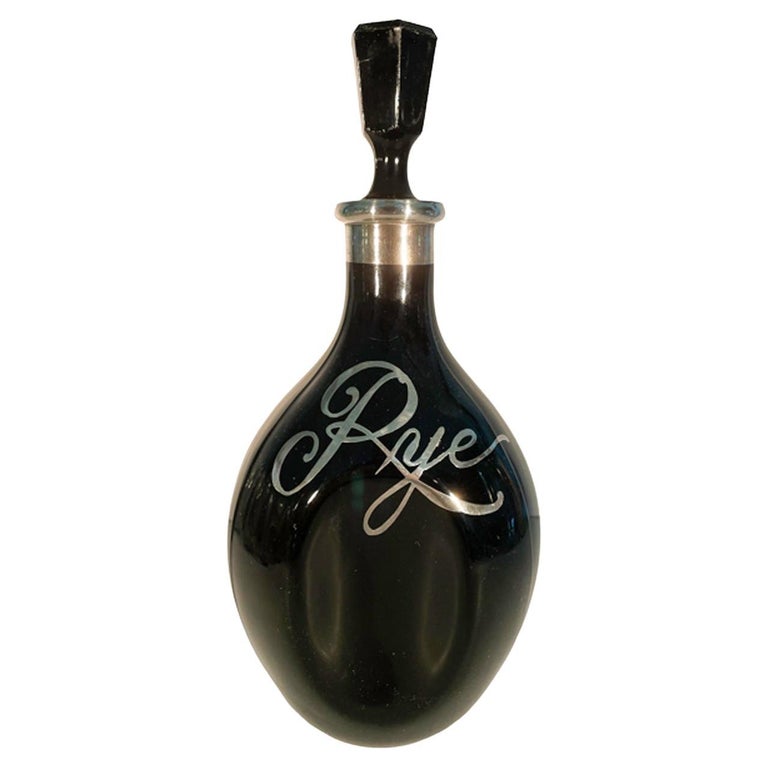 Art Deco Onyx Black Glass Silver Overlay "Rye" Dimple Decanter For Sale