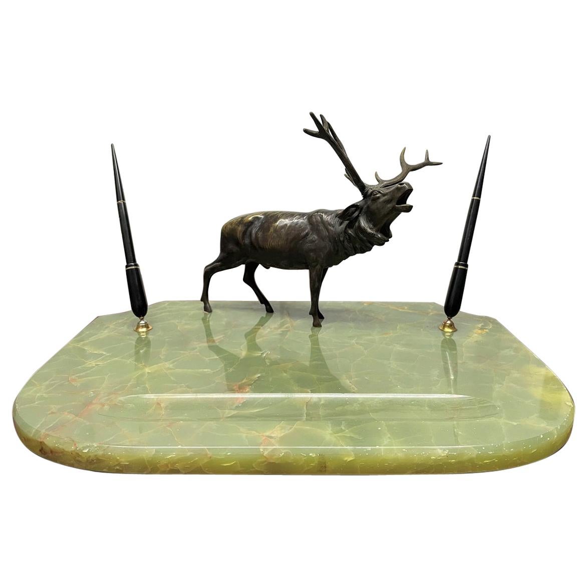Art Deco Onyx Blotter with Bronze Elk Statue and Fountain Pens