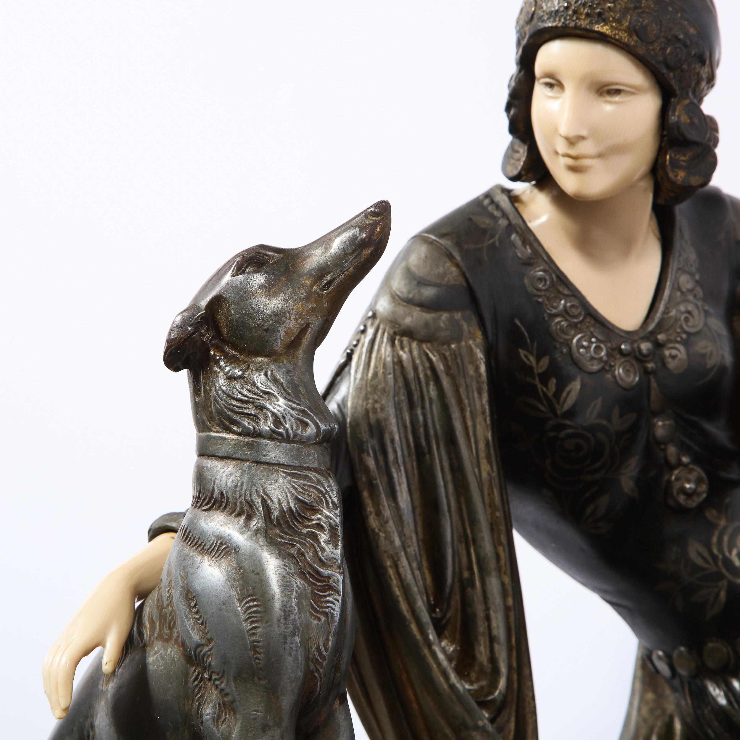 Art Deco Onyx, Bone & Silver Pewter Lady w/ Greyhounds Sculpture, After Chiparus In Good Condition In New York, NY