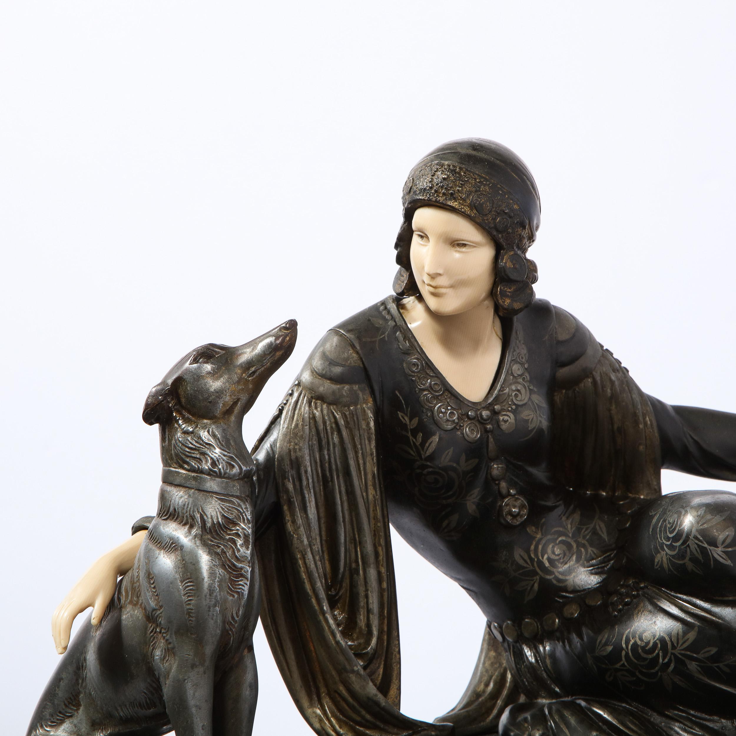Mid-20th Century Art Deco Onyx, Bone & Silver Pewter Lady w/ Greyhounds Sculpture, After Chiparus