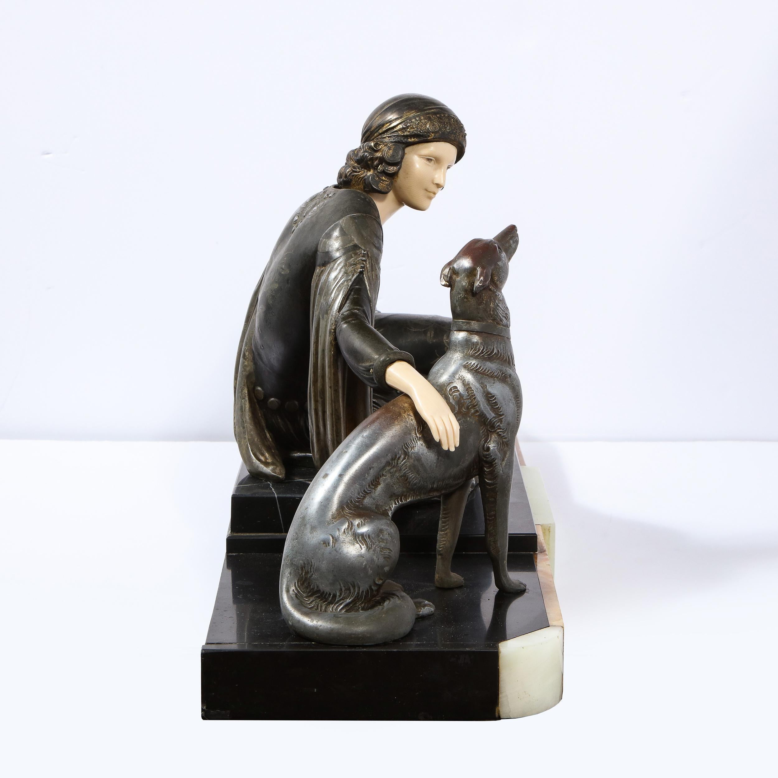 Art Deco Onyx, Bone & Silver Pewter Lady w/ Greyhounds Sculpture, After Chiparus 1