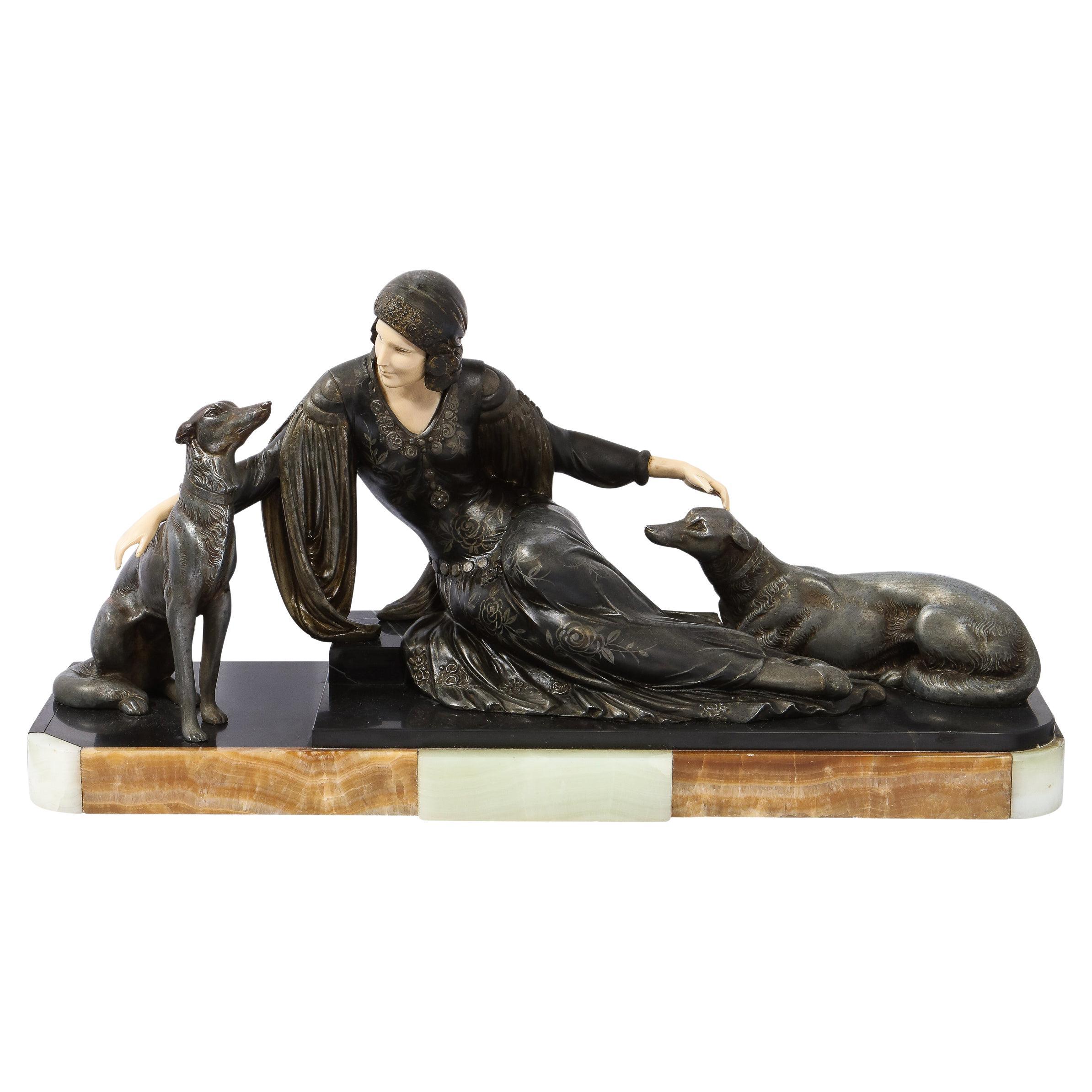 Art Deco Onyx, Bone & Silver Pewter Lady w/ Greyhounds Sculpture, After Chiparus