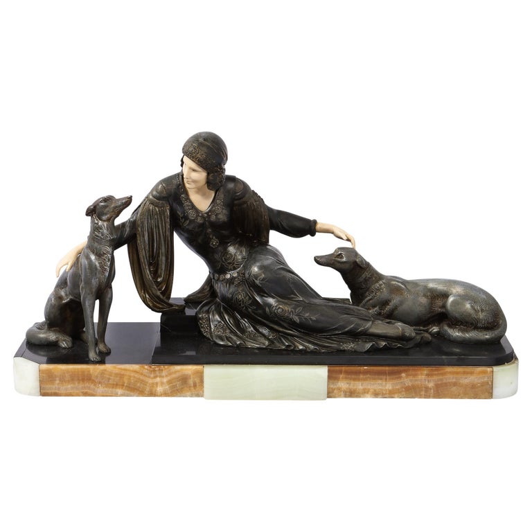 Art Deco Onyx, Bone and Silver Pewter Lady w/ Greyhounds Sculpture, After  Chiparus For Sale at 1stDibs | onyx statue, pewter sculptures