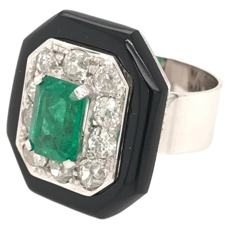 CZ & Onyc Ring Art Deco Earrings Circa 1930 Elegant Pair Of Colombian Emerald 