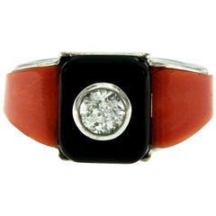 Art Deco Onyx Coral 0.85 Carat Diamond Gold Ring