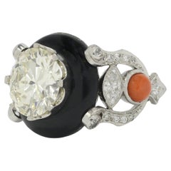 Art Deco Onyx Coral 3.58 Ct Diamond Engagement Ring Cocktail Statement Piece
