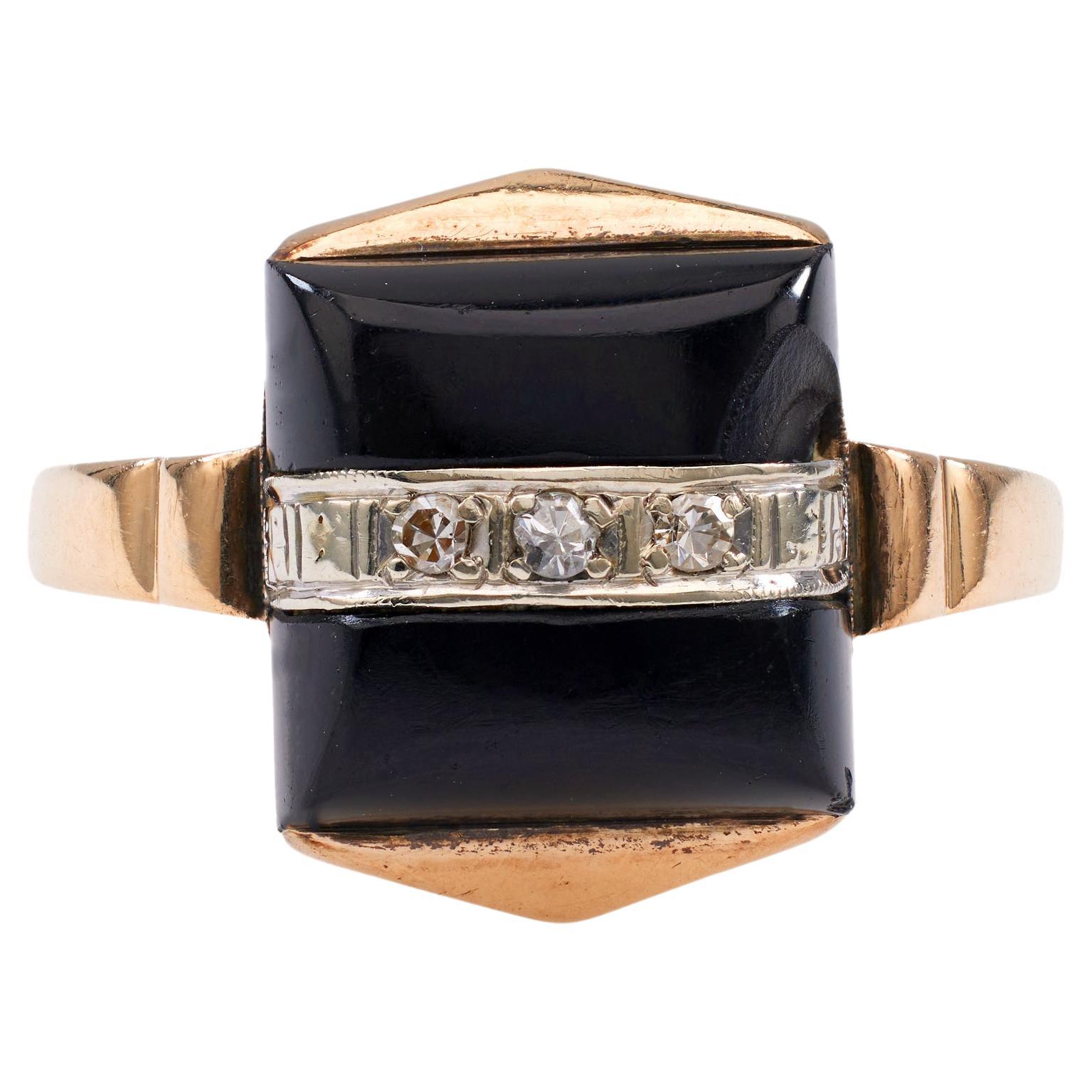Art Deco Onyx Diamant 14k Gelbgold Ring