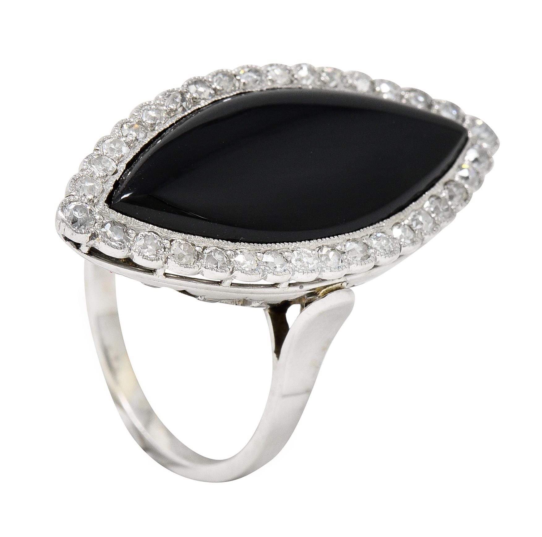 Art Deco Onyx Diamond 18 Karat White Gold Full Finger Navette Ring 2