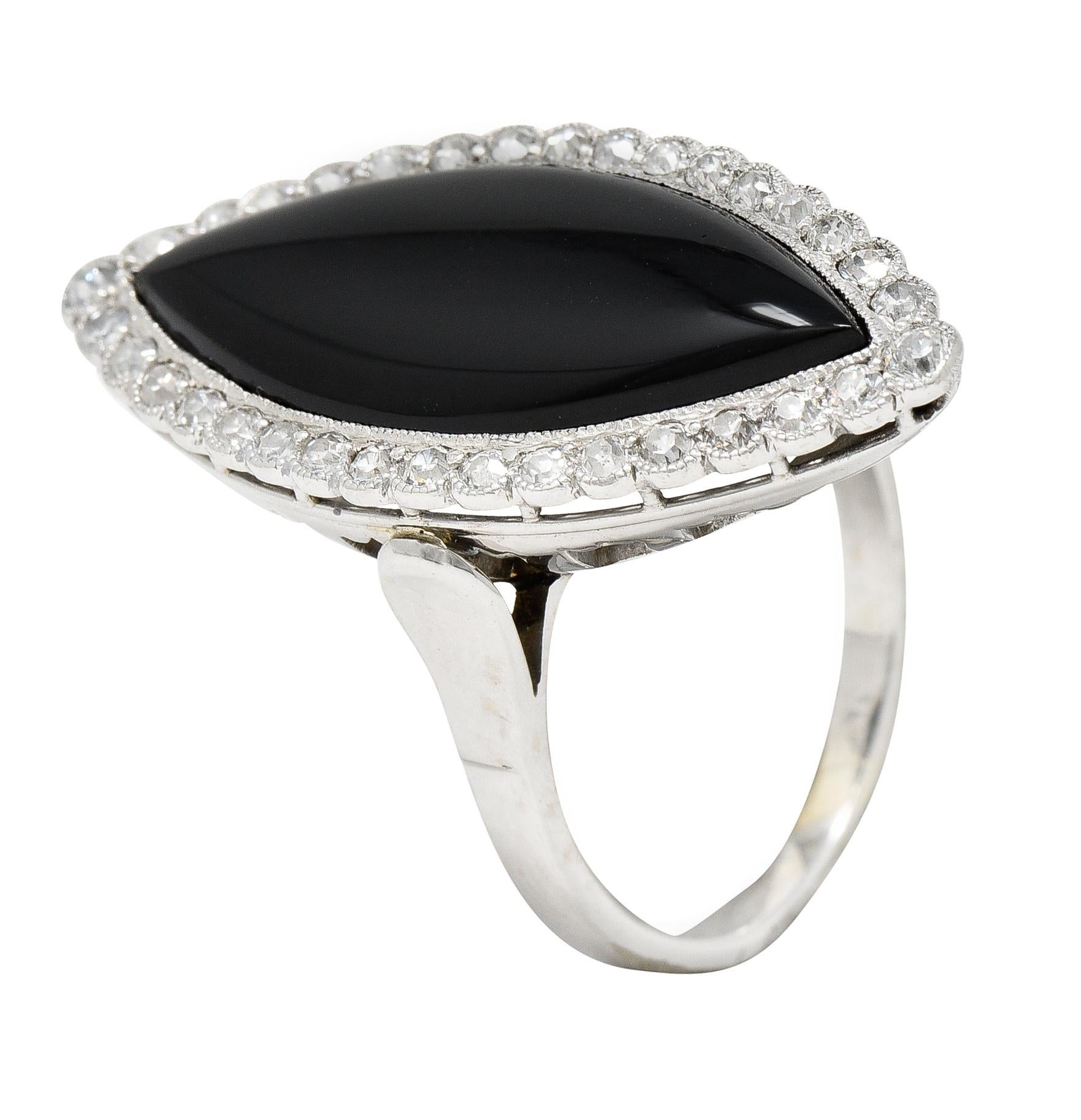 Art Deco Onyx Diamond 18 Karat White Gold Full Finger Navette Ring In Excellent Condition In Philadelphia, PA