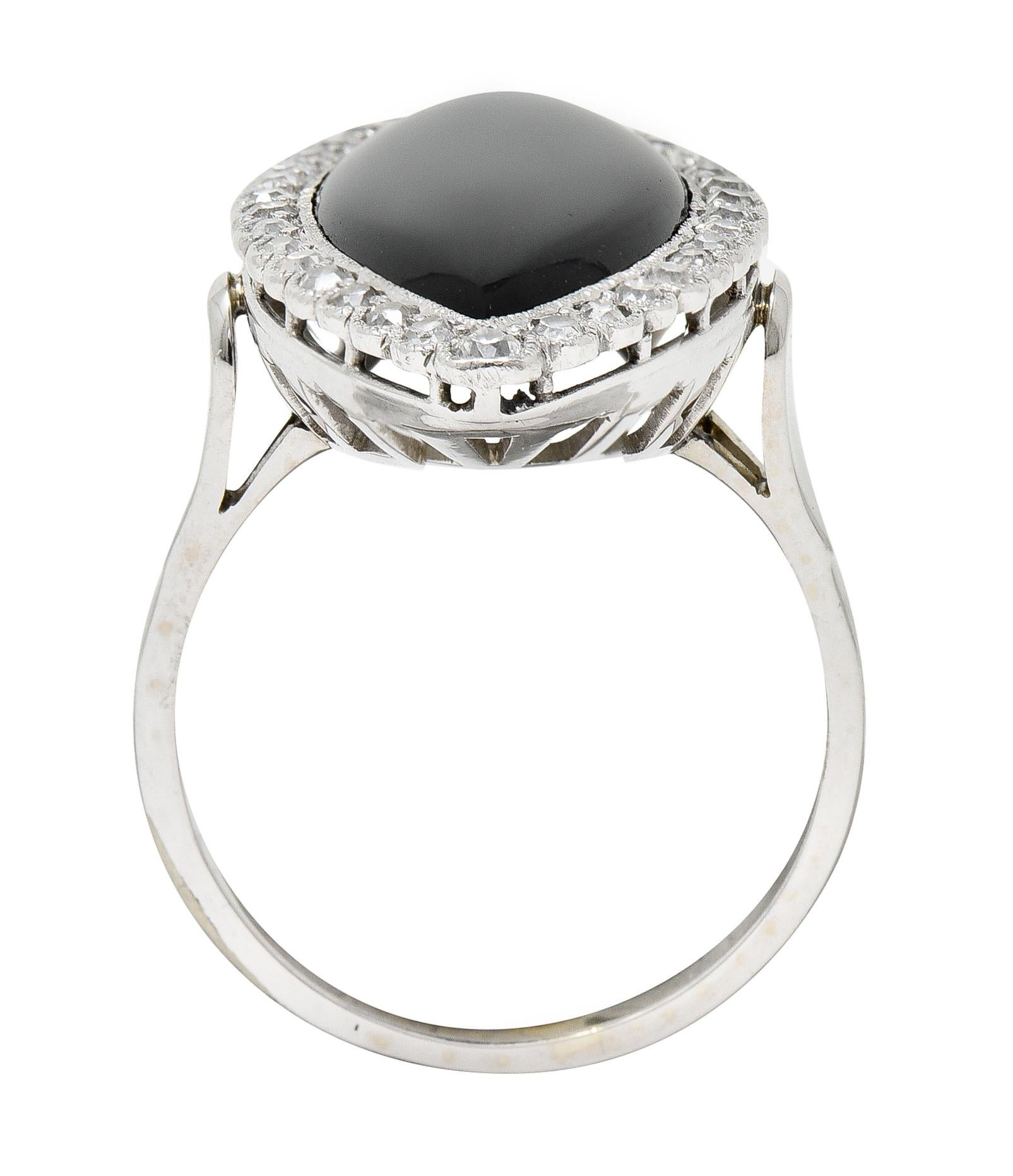 Women's or Men's Art Deco Onyx Diamond 18 Karat White Gold Full Finger Navette Ring