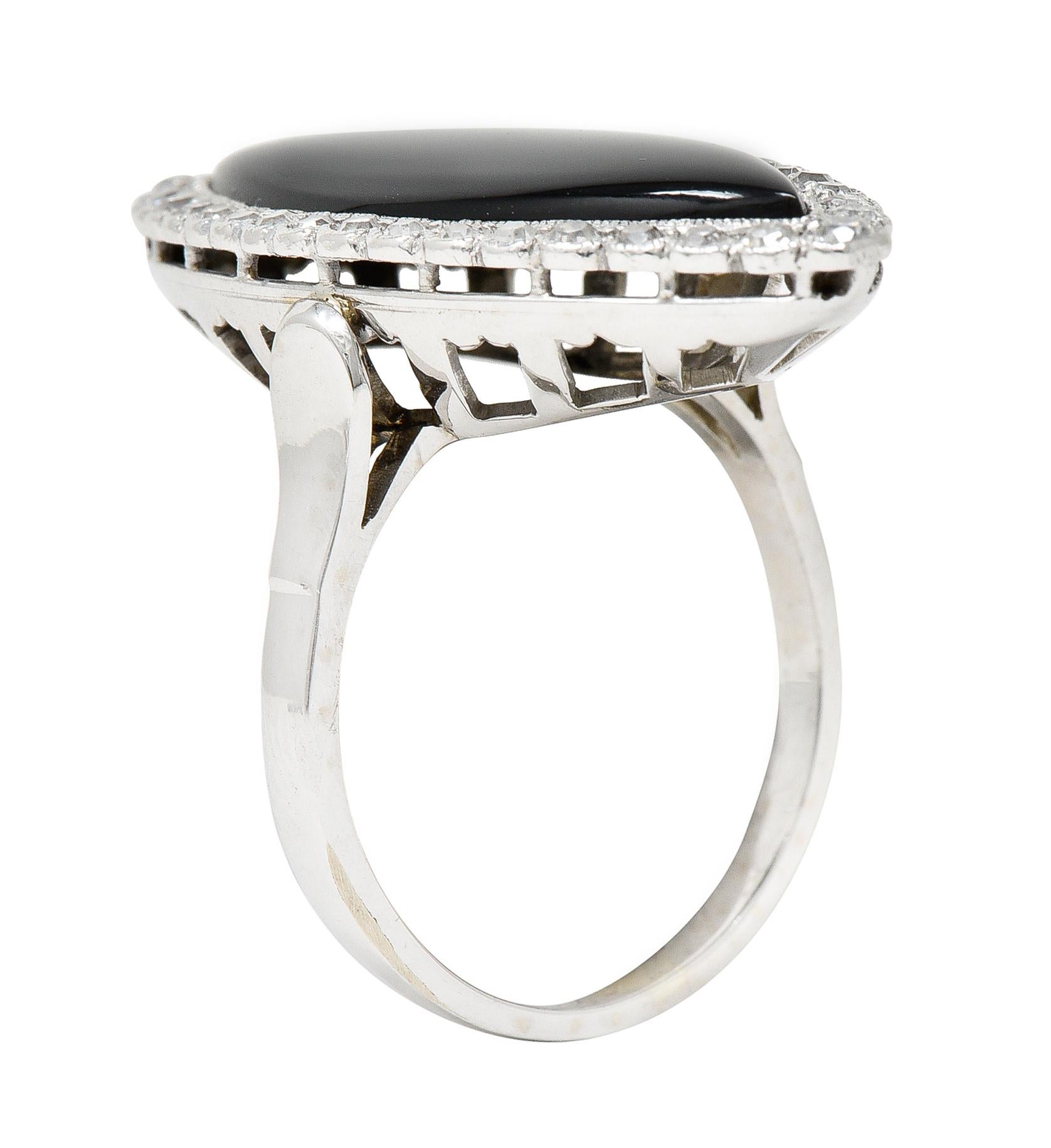 Art Deco Onyx Diamond 18 Karat White Gold Full Finger Navette Ring 1