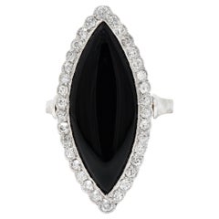 Art Deco Onyx Diamond 18 Karat White Gold Full Finger Navette Ring