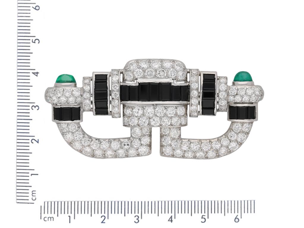 Emerald Cut Art Deco Onyx, Diamond and Emerald Cabochon Brooch, circa 1925 For Sale