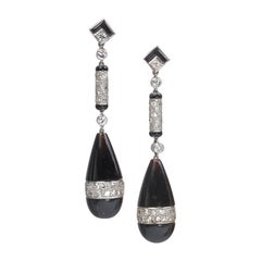 Antique Art Deco Onyx, Diamond and Enamel Drop Earrings