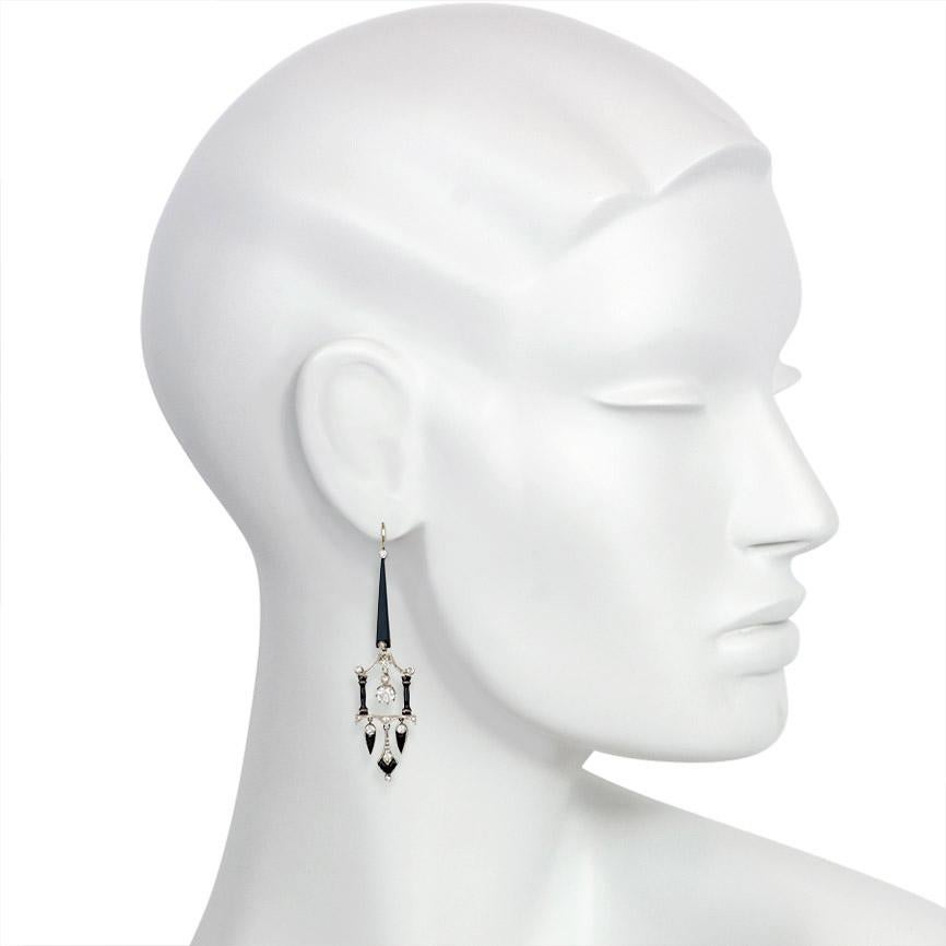 Women's or Men's Art Deco Onyx, Diamond, and Enamel Pagoda Style Earrings in Platinum and Gold