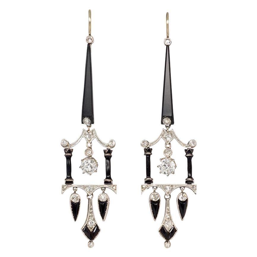 Art Deco Onyx, Diamond, and Enamel Pagoda Style Earrings in Platinum and Gold