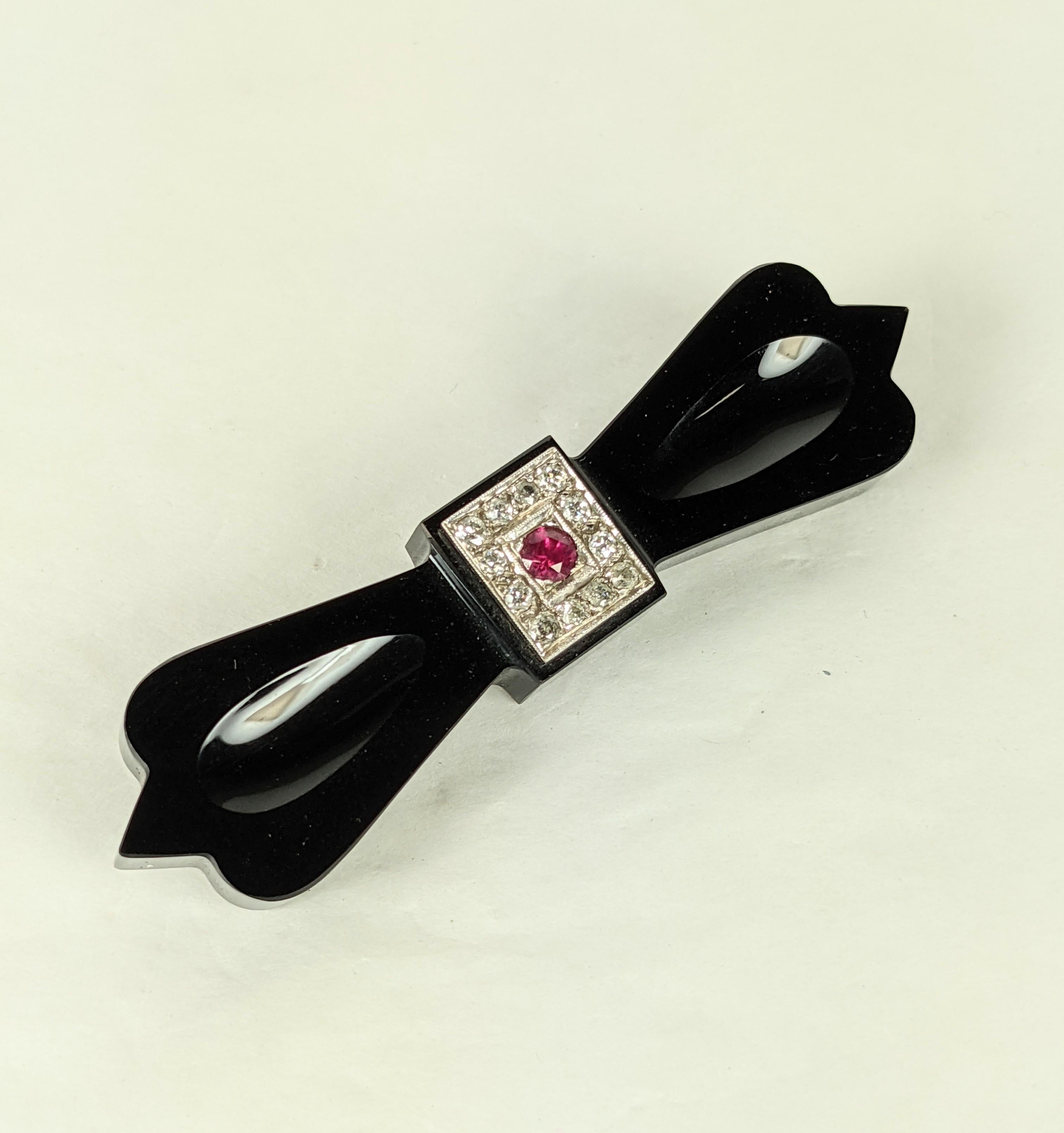 Victorian Art Deco Onyx Diamond and Ruby Bow Brooch For Sale